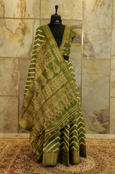 Mehendi green Ikat print semi  daily wear saree